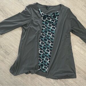 East 5th Gray Open-Front Tunic with Teal & White Geometric Panel